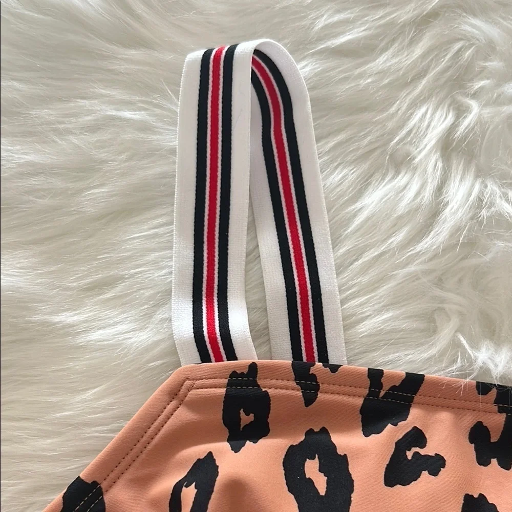 Leopard Print Swim Top with Striped Straps Size D/DD